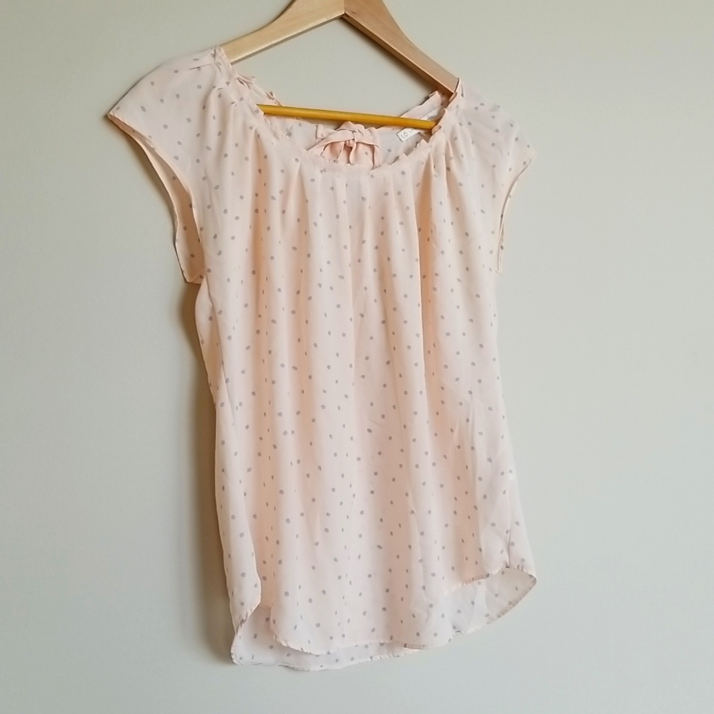 LC Lauren Conrad Sheer Top, Cap Sleeves, Pleat Neck, Light Pink, Small, EUC